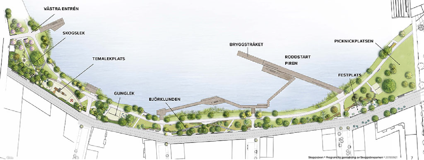 illustrerad skiss över den västra delen av Skeppsbroparken.