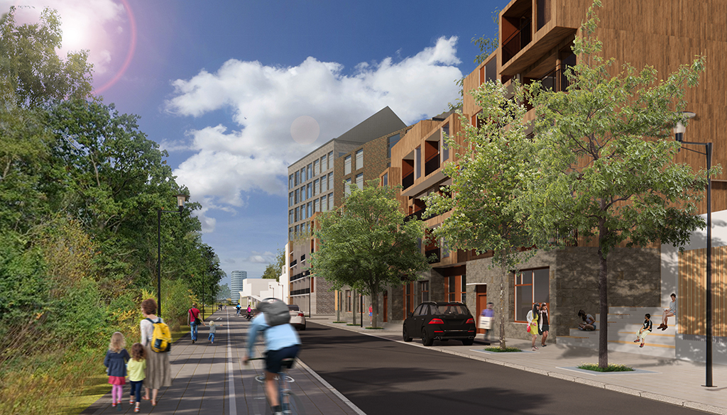 Visionsbild på framtida strömsholmsgatan. Man ser folk gå på trottoaren, en man cykla på gatan och bilar köra på vägen.