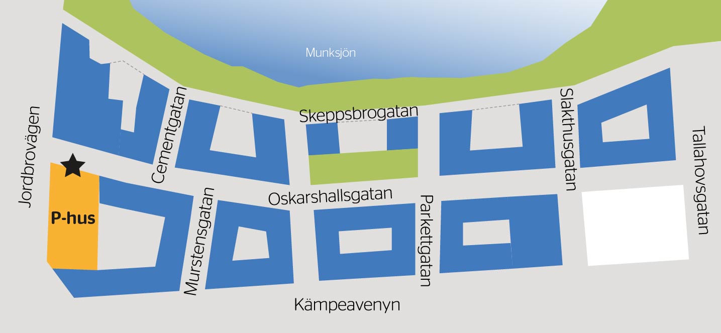Karta över Skeppsbron. Markerat på kartan finns placeringen av parkeringshuset Övertaget, beläget i korsningen Oskarshallsgatan - Jordbrovägen. Kontakta oss på Södra Munksjön Utvecklings AB för att få en detaljerad karta beskriven för dig. Vi nås på info@sodramunksjon.se