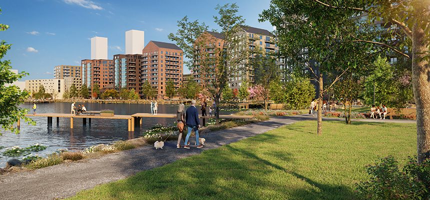Visionsbild över den västra ingången till Skeppsbroparken.