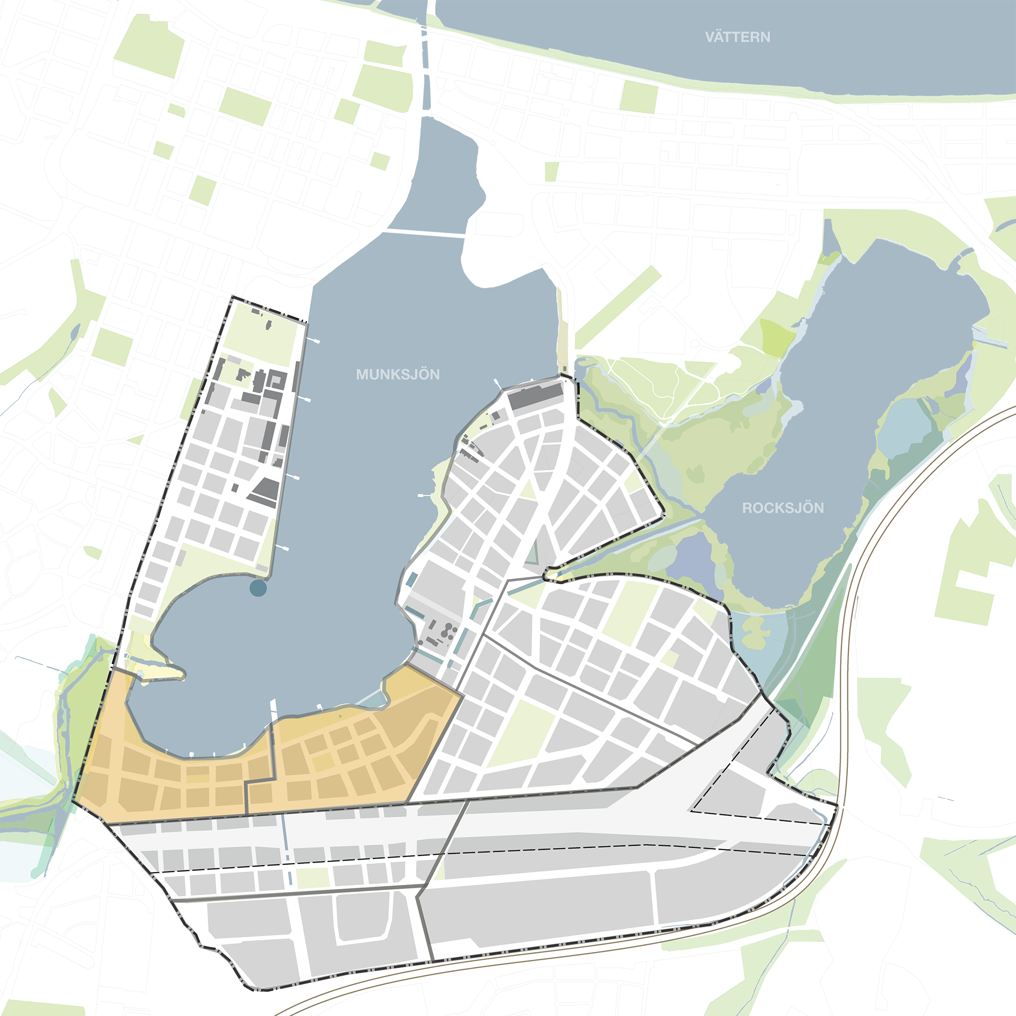 Karta över Södra Munksjöns utvecklingsområde.