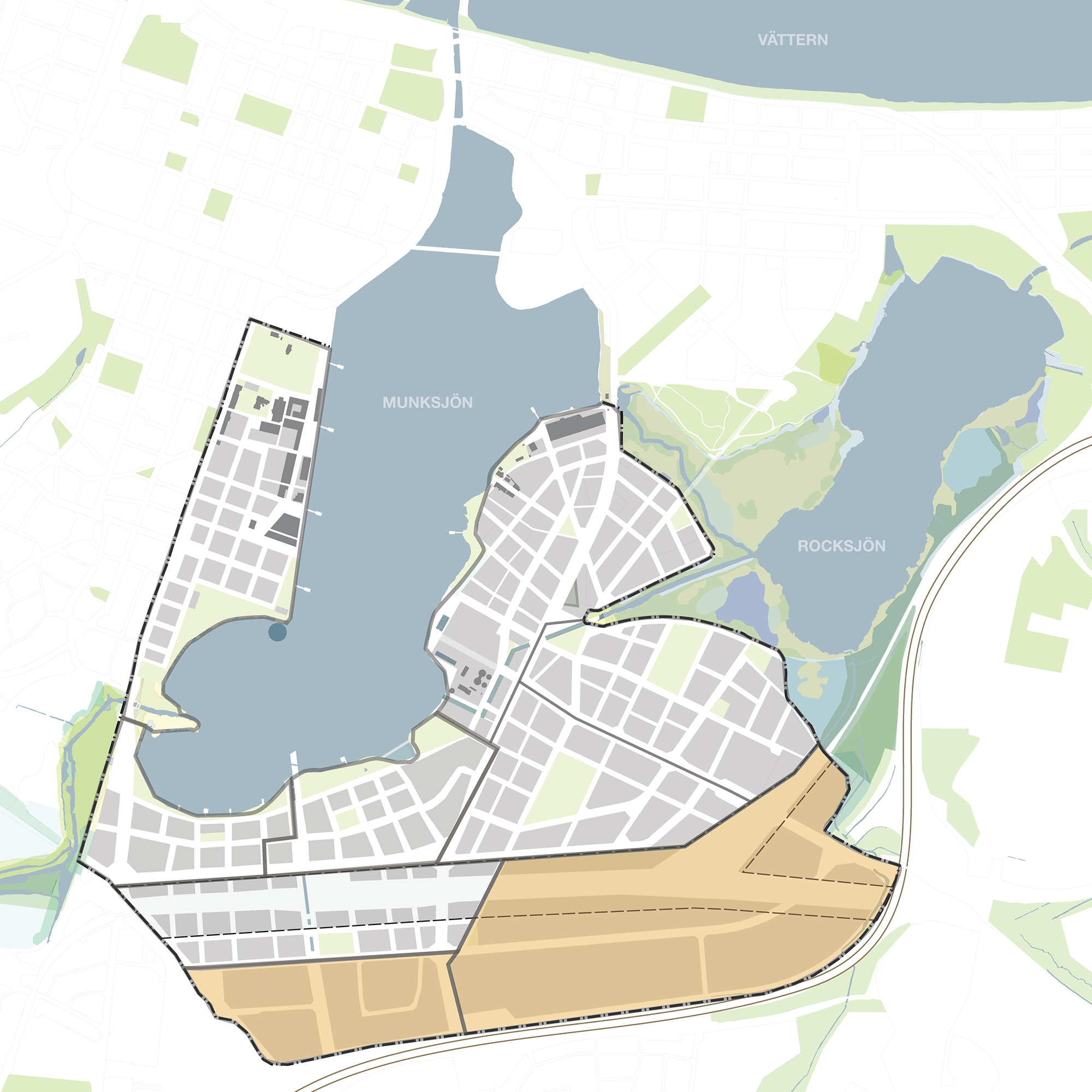 Karta över Södra Munksjöns utvecklingsområde.