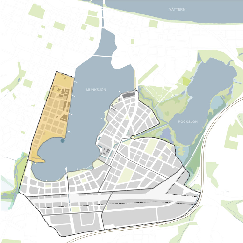 Karta över Södra Munksjöns utvecklingsområde.