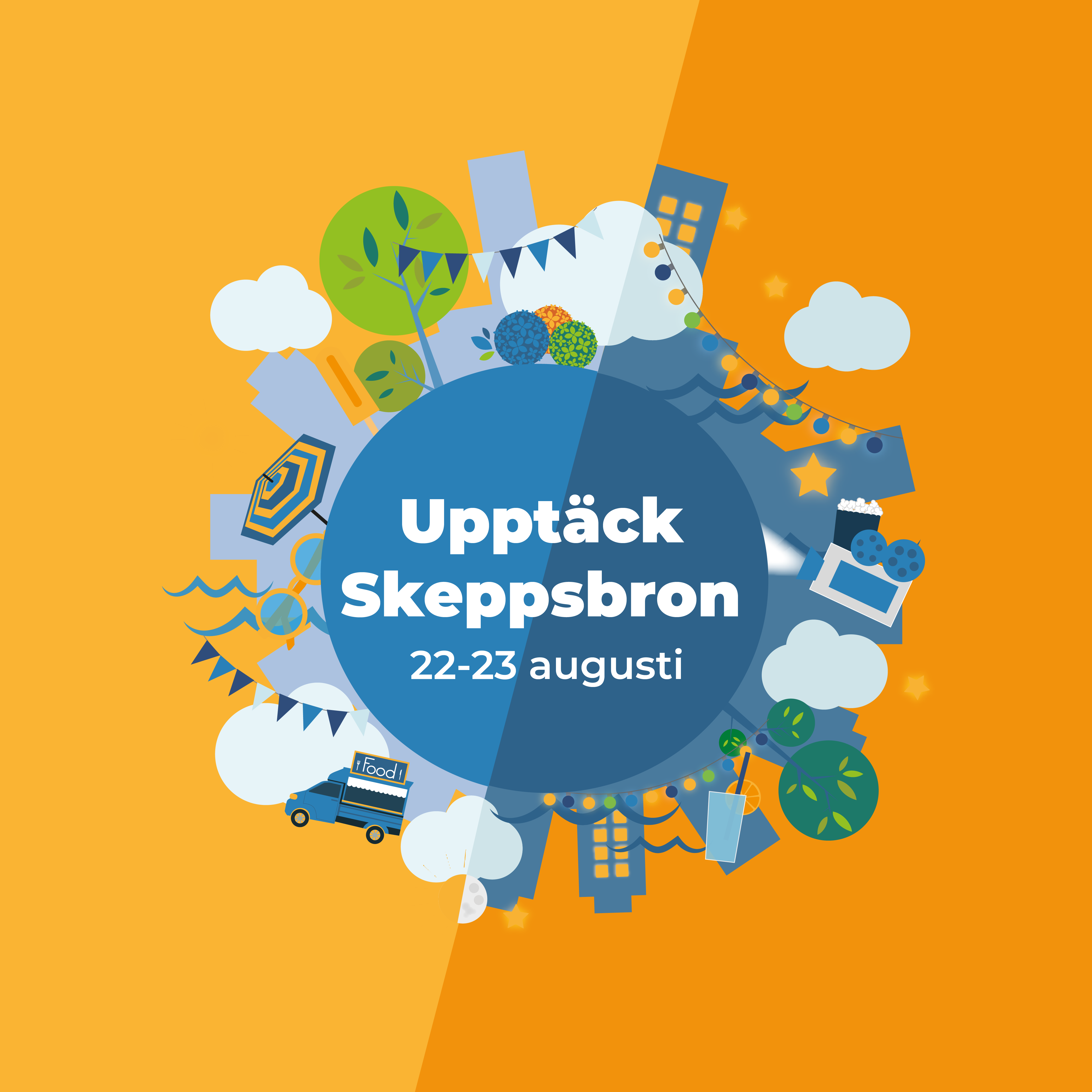 Illustration av en glob där det runt om finns hus, bilar, träd, vågor, glass, parasoll, vimplar, solgalsögon, glass. I mitten står texten Upptäck Skeppsbron 22-23 augusti.