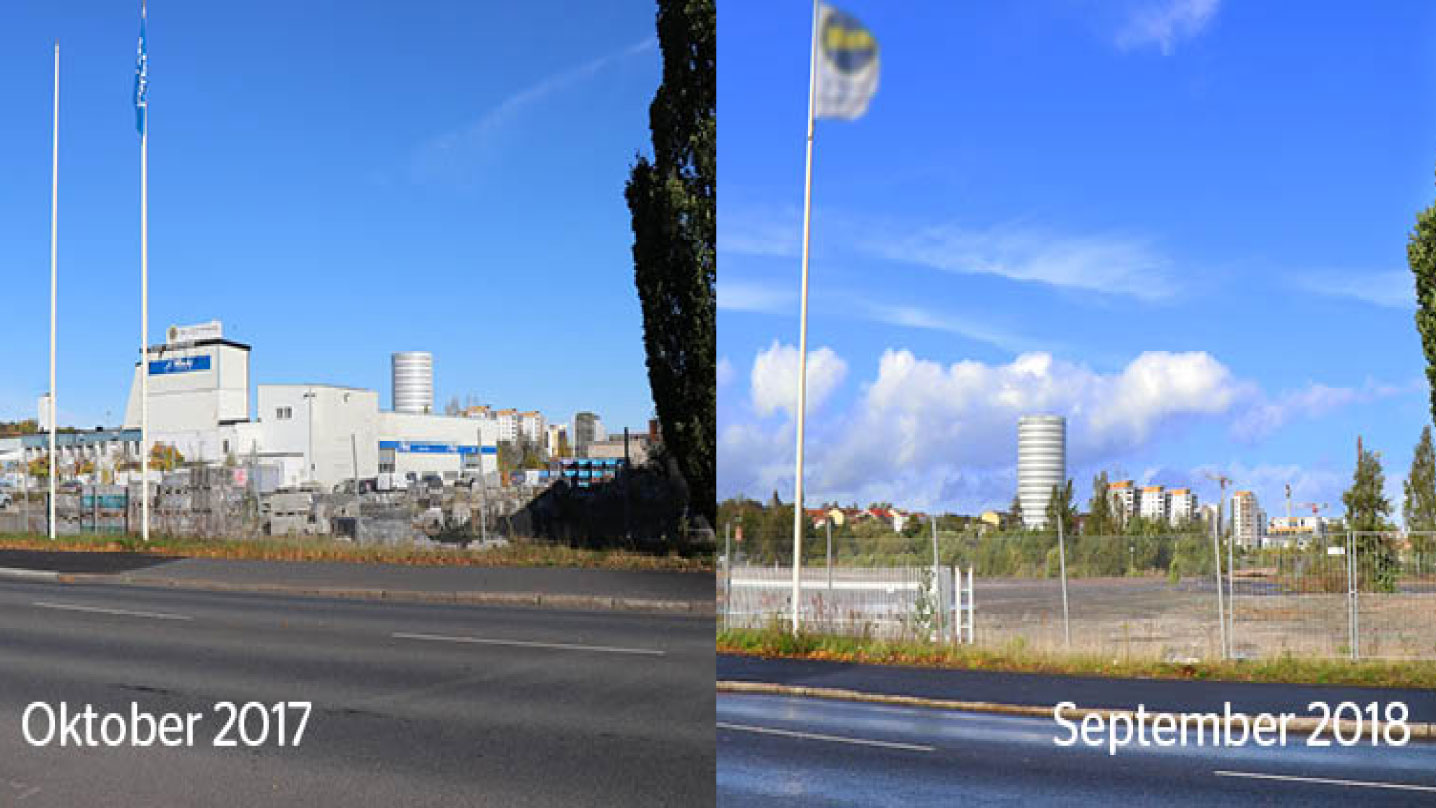 två foton från samma område där den till vänster visar hur området såg ut oktober 2017, och den till höger visar hur det såg ut september 2018. Till vänster syns industribyggnader, och till höger är det istället en öppen yta.