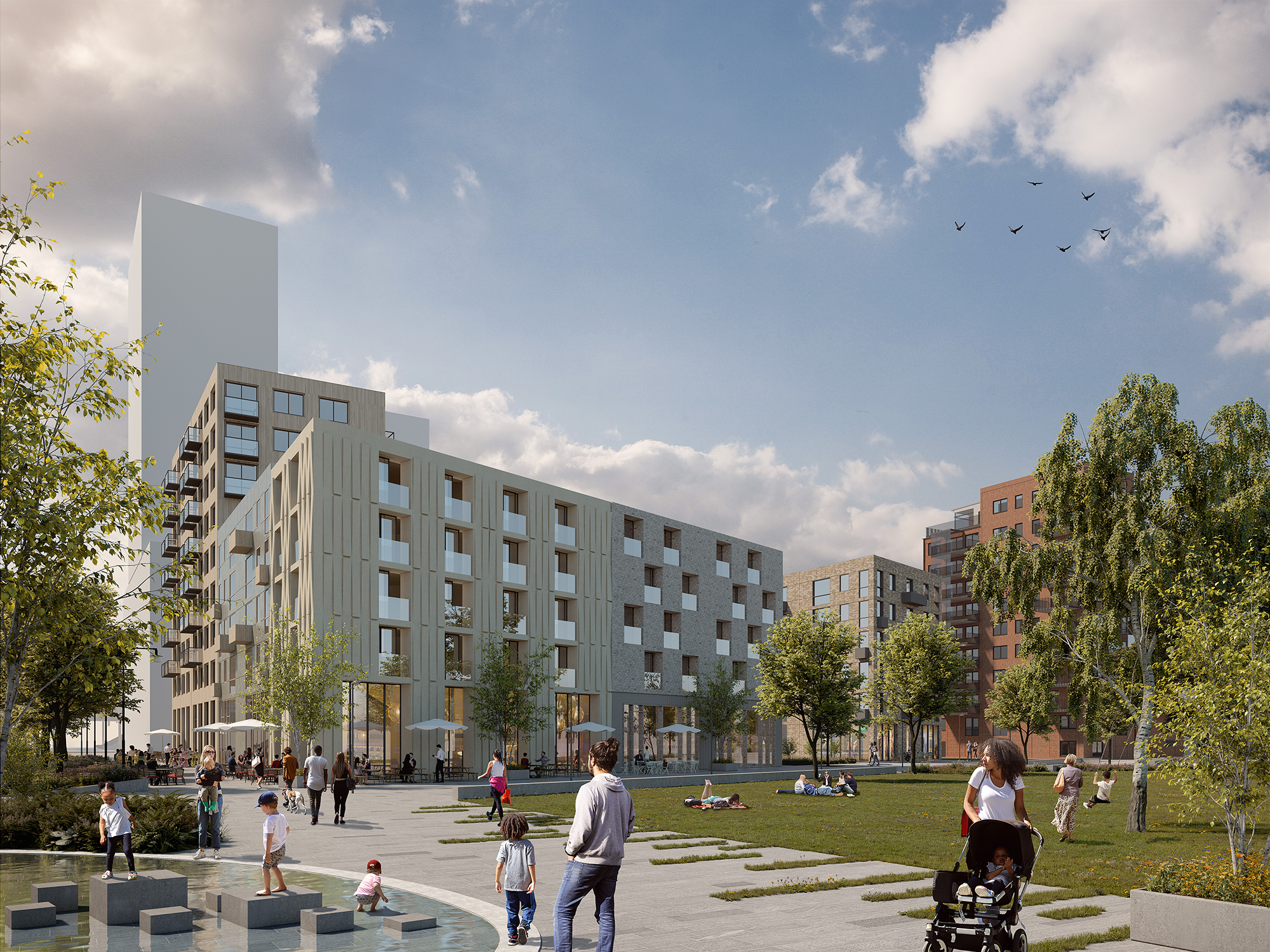 Visionsbild på kvarter 11. Framför kvarteret finns ett stort torg med grönområde och en fontän. Människor rör sig på torget.