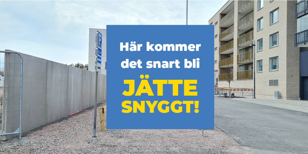 Delar av betongmuren. Text i bild: "Här kommer det snart bli jättesnyggt".