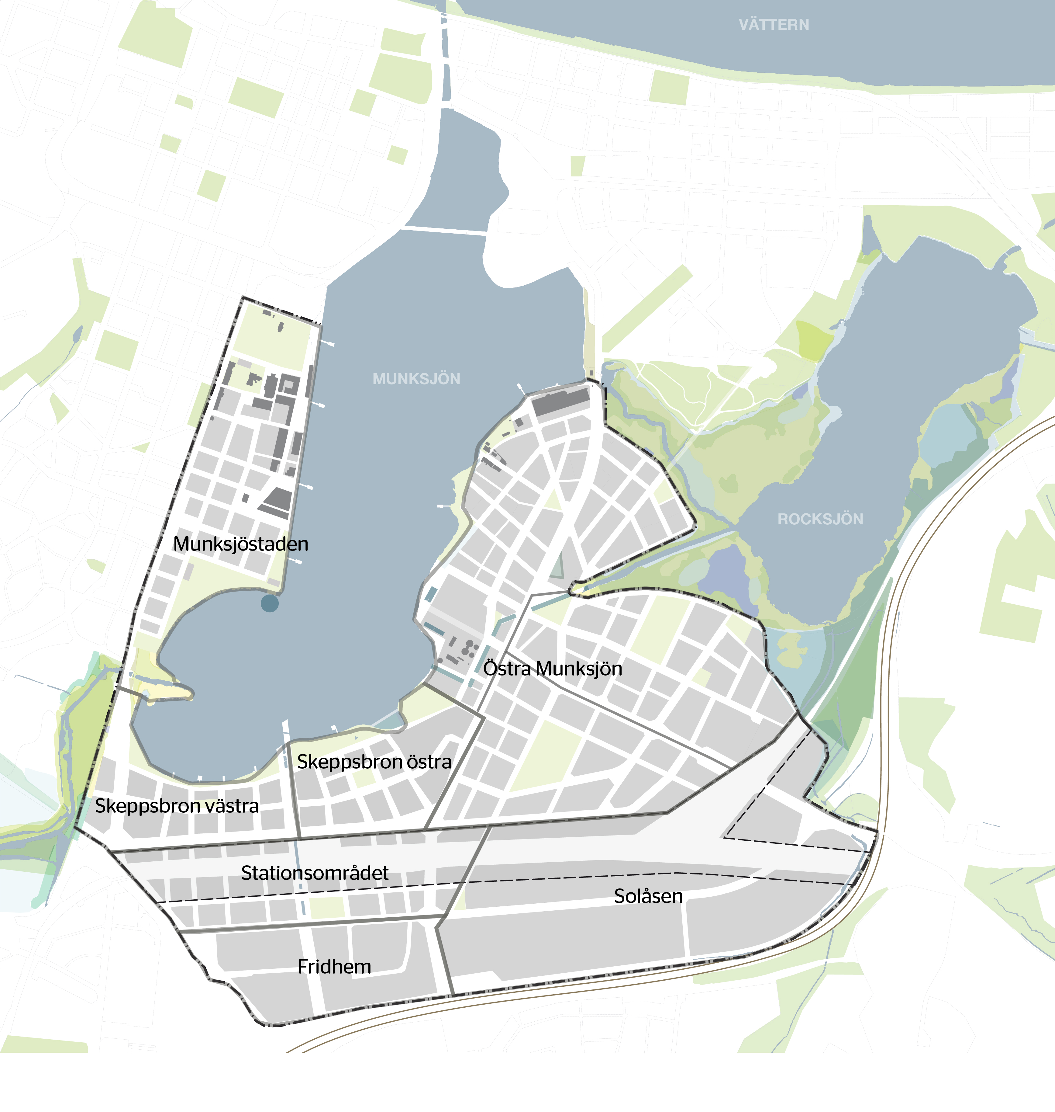 Karta över Södra Munksjön och dess olika områden. Kontakta oss på info@sodramunksjon.se för att få kartan beskriven för dig. 