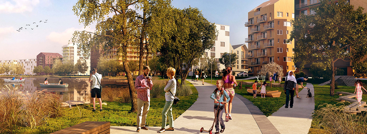 Visionsbild över Skeppsbroparken i Skeppsbron. På bilden syns bland annat Munksjön, gångväg, träd och grönska, människor som pratar, leker, går osv. I bakgrunden syns byggnader. 