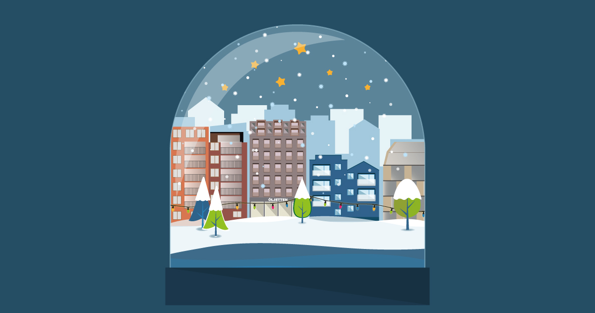 Illustrerad bild med en stad i snöglob. Man ser stjärnor och snö som faller över byggnader, träd och en sjö.