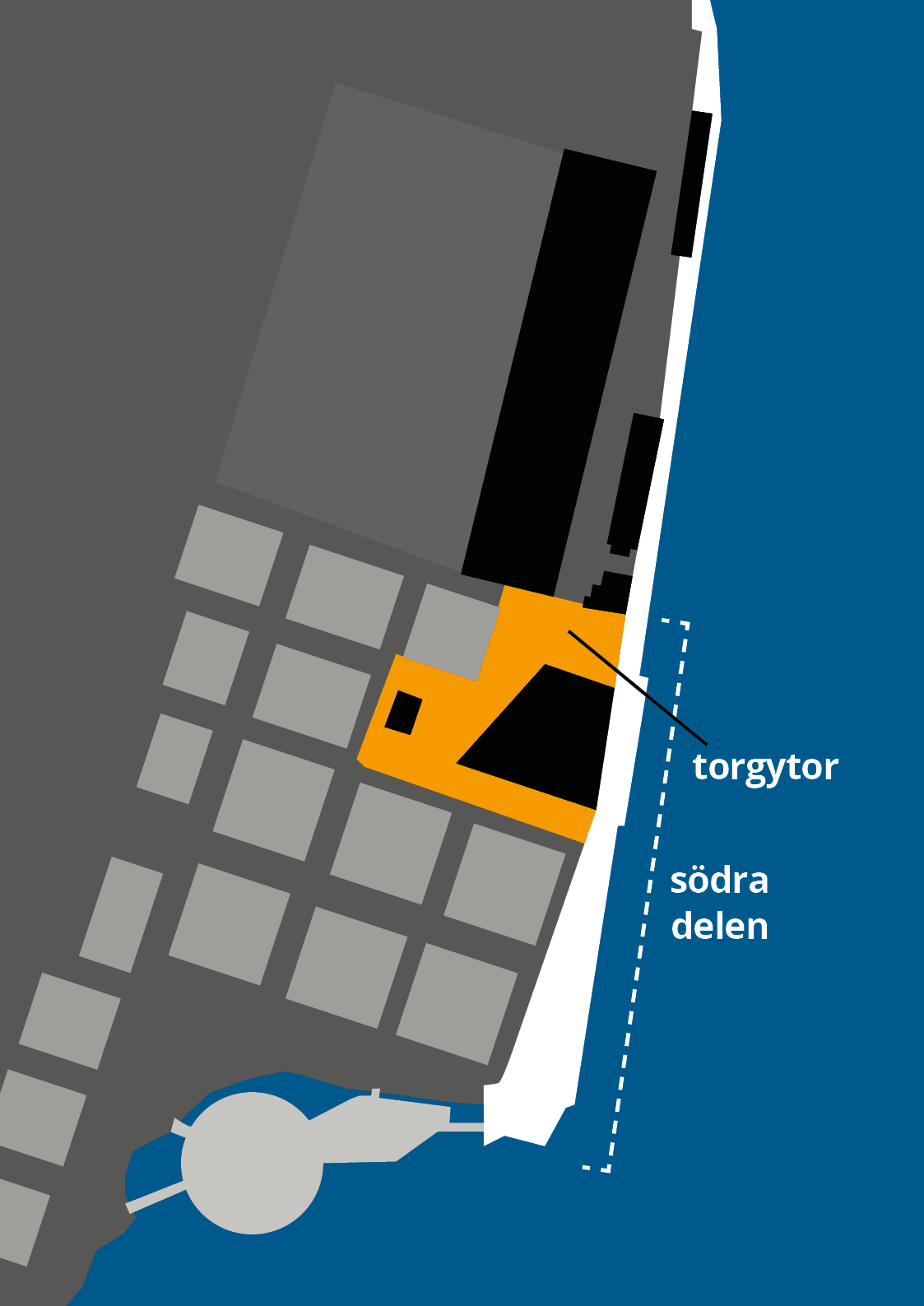 Illustrerad karta som markerar ut den södra delen av kajen, torgytorna samt den flytande ön.