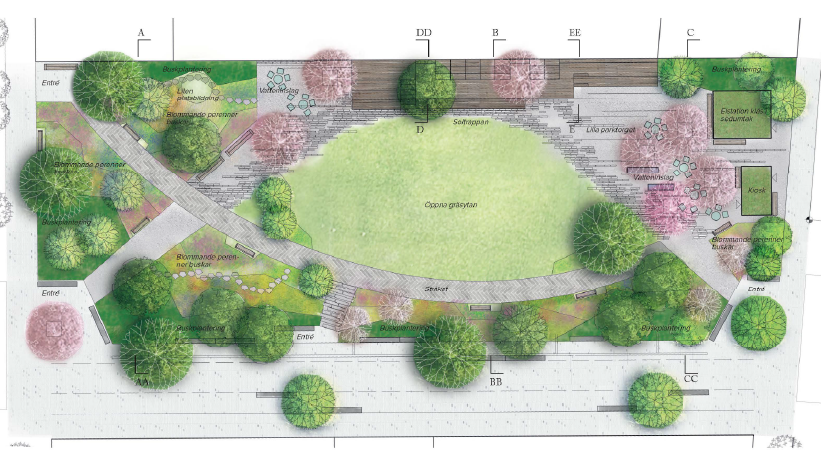 Illustrationsplan på förslag på parkettparken. Många gröna träd och några rosa träd. Mysiga gångstråk igenom och en grönyta i mitten.