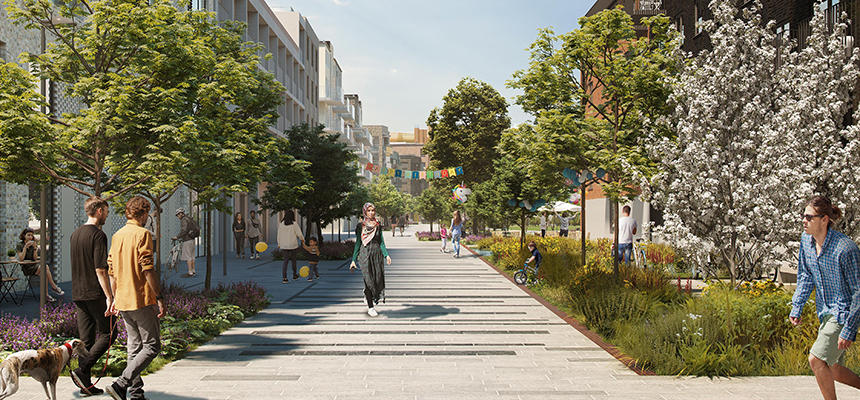 Visionsbild på delar av Oskarshallsgatan som går mitt igenom kvarteren i Skeppsbron. Det blir en grön gångfartsgata. I bilden syns träd, buskar och planteringar. Människor rör sig på gatan.
