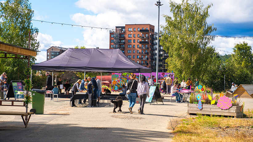 Människor rör sig på ett torg i solen. På torget står ett lila tält.