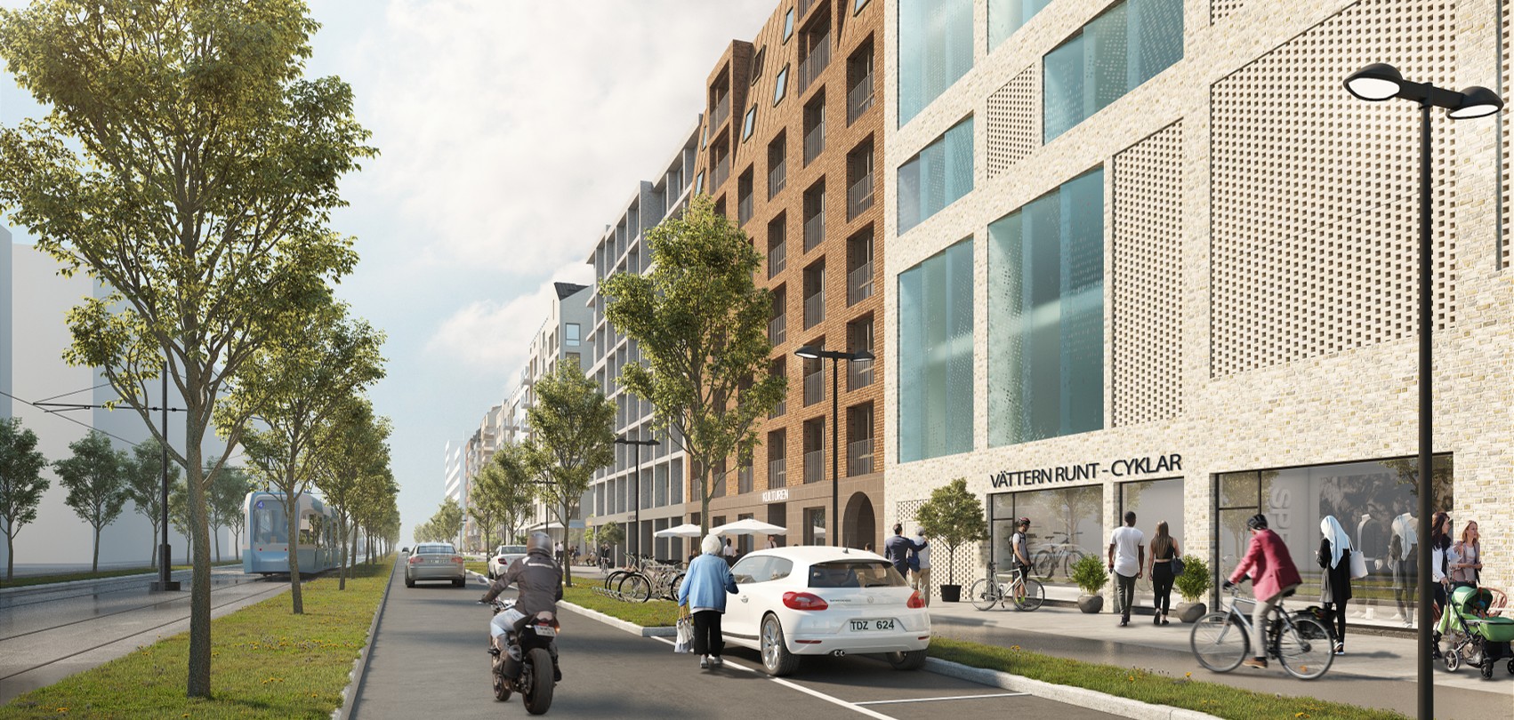 Visionsbild på en gata med körfält åt vänster och husfasader åt höger.