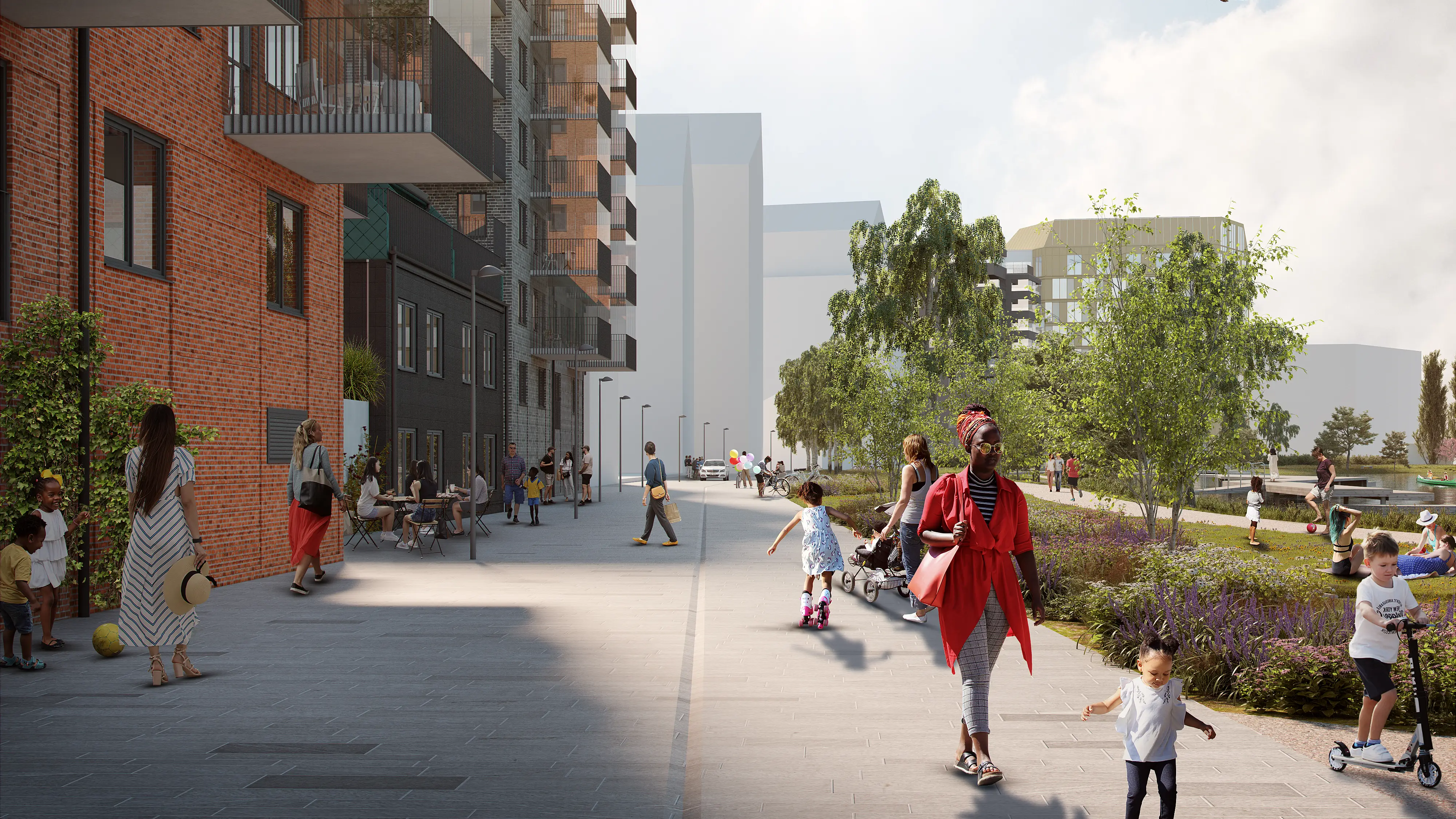 Visionsbild på människor som rör sig på en stenlagt gata. Till vänster syns husfasader med balkonger och till höger syns en grön park.