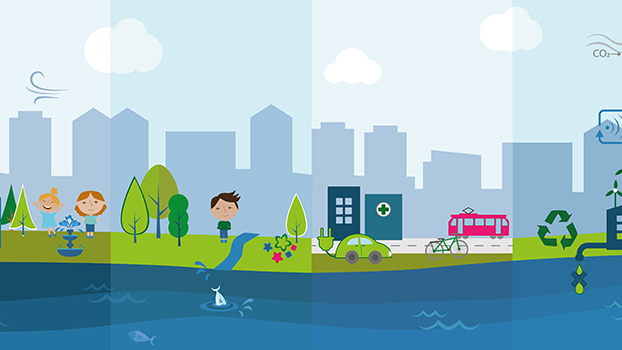 Illustration på vatten, land och siluetten av en stad. På illustrationen syns barn som leker, fiskar som hoppar i sjön, en bil, cykel, spårvagn och några hus.