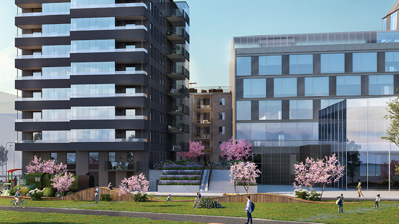 En visionsbild på Kvarter 3, med uppbyggda bostadshus, gröna gräsmattor och blommande rosa träd. Personer är ute och går och cyklar.