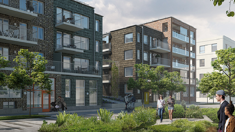 Visionsbild på kvarte 6. Höga bostadshus med en park utanför där människor är ute och går.