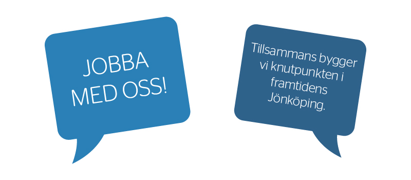 Text i pratbubblor: "Jobba med oss", "Tillsammans bygger vi knutpunkten i framtidens Jönköping". 