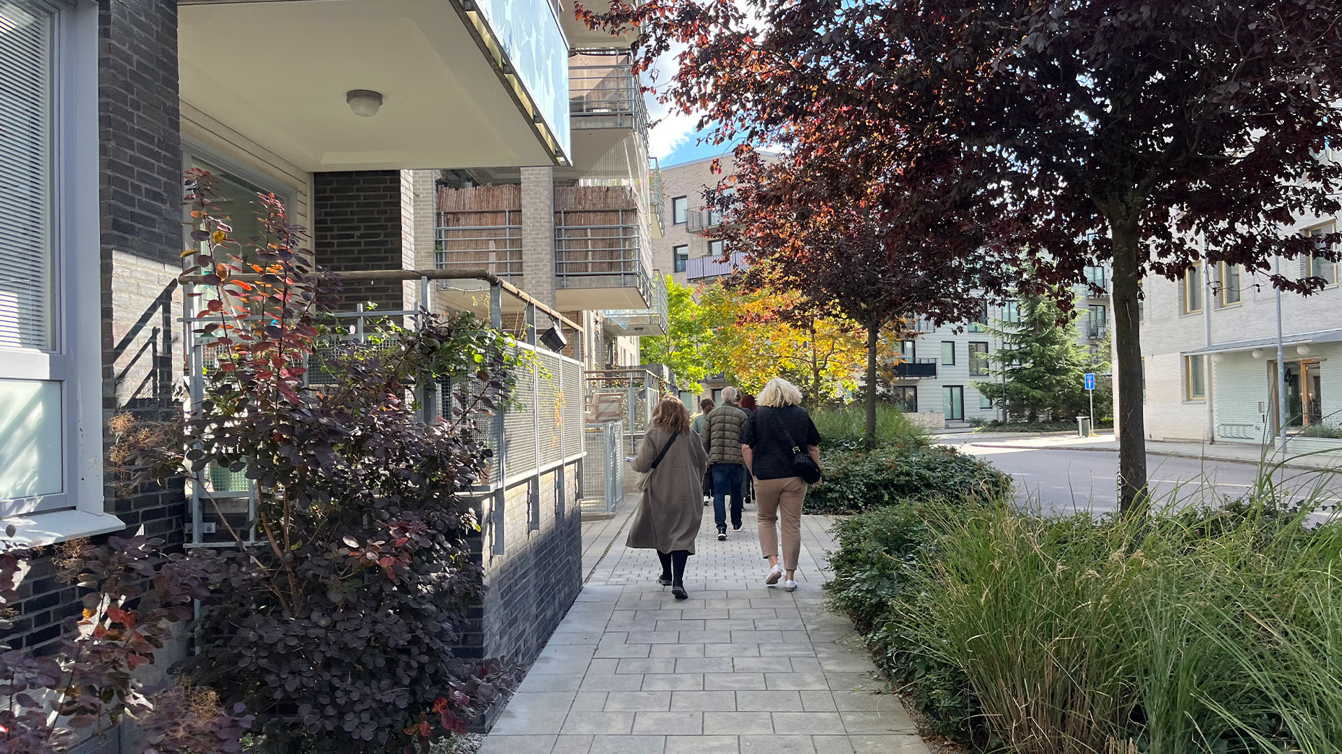 Ett promenadstråk mellan ett hus och en grön barriär av växter och träd. På gångvägen går människor.