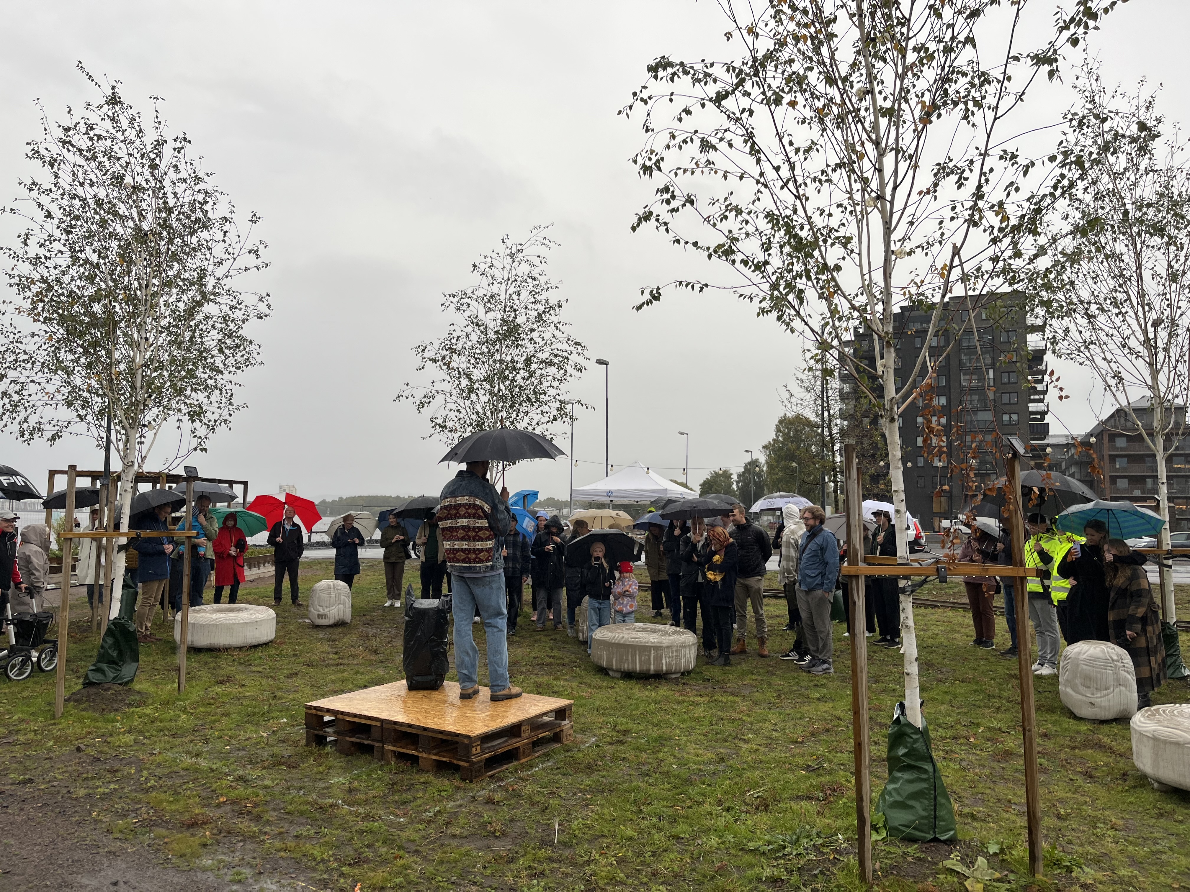 Besökarna på vernissagen står under paraplyn och lyssnar på konstnären som står på en liten scen.