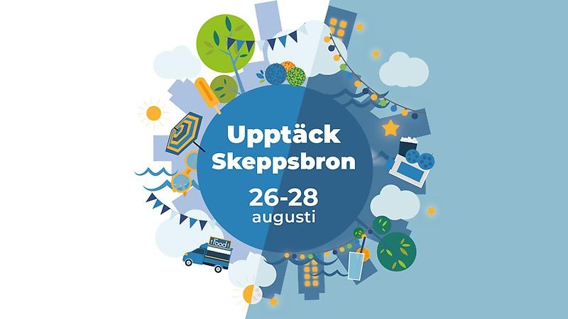 Illustration med stadssiluett och somriga föremål. Text i bild "Upptäck Skeppsbron, 26-28 augusti"...