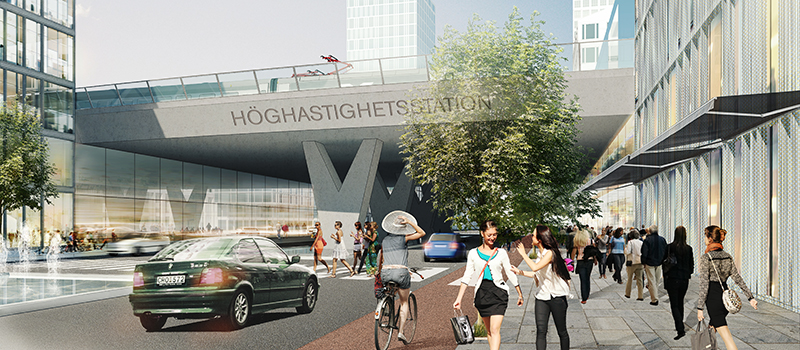 Visionsbild som visar tanken med en upphöjd höghastighetsjärnväg. Under järnvägen kan bilar, cyklar och bussar köra, människor promenera och kommersiella lokaler få plats. Allt detta försöker bilden demonstrera.
