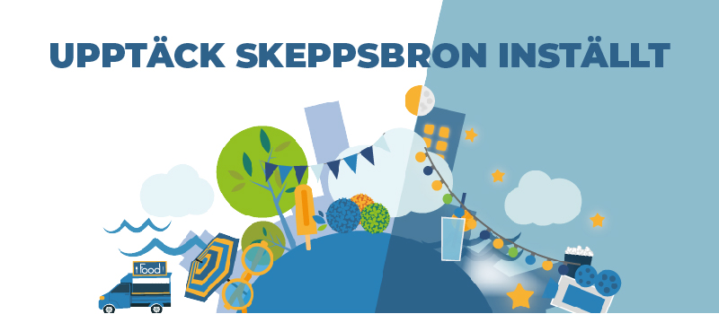 Illustration med stadssiluett och somriga inslag: glass, solglasögon, foodtruck, dryck, bio mm. Text i bild: Upptäck Skeppsbron Inställt.