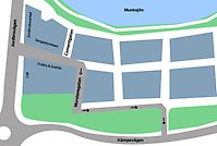 Karta över hur biltrafiken leds från Oskarshallsgatan ut på Murstensgatan och slutligen ut på Kämpevägen. Kontakta oss på Södra Munksjön Utvecklings för att få vägen beskriven tydligare.