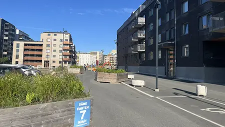 Gata med blomlådor med växter i. Ett svart hus syns till höger.
