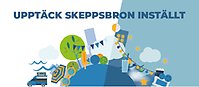 Illustration med stadssiluett och somriga inslag: glass, solglasögon, foodtruck, dryck, bio mm. Text i bild: Upptäck Skeppsbron Inställt. 