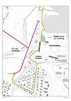 Karta som visar Den avstängda GC-vägen vid Jordbron. Gående och cyklister leds istället om via Haga/Strömsholm, upp förbi Jordbrorondellen och sedan förbi byggnationen vid Skeppsbron.