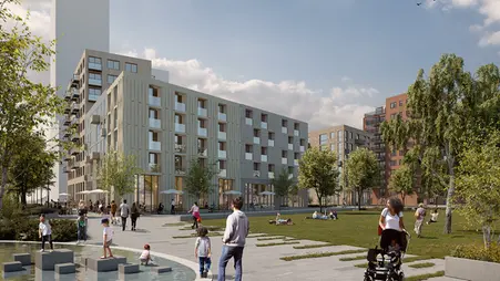 En grön park med människor som rör sig. I bakgrunden syns bostadshus i olika höjder.