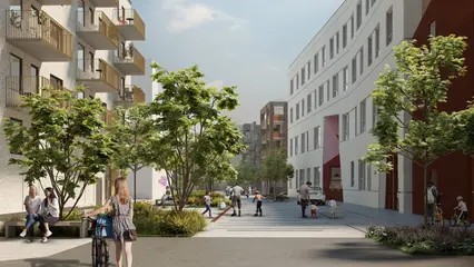 Visionsbild av en stenlagd gata med träd och planteringar på sidan. Utanför grönskan finns husfasader. Människor rör sig på gatan.