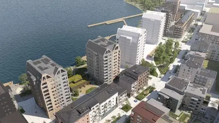 Visionsbild av Skeppsbron. Byggnader i olika storlek och material. Två byggnader är markerade som vita klossar.