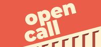 Grafisk bild i röd och beige med texten "open call"